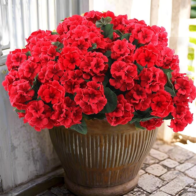 Hananona 24 Pcs Artificial Geranium Flowers for Outdoors Geranium Silk Flowers Outdoor UV Resistant Garden Plants Faux Flowers for Home Kitchen Table Centerpieces Decor (24, Red)