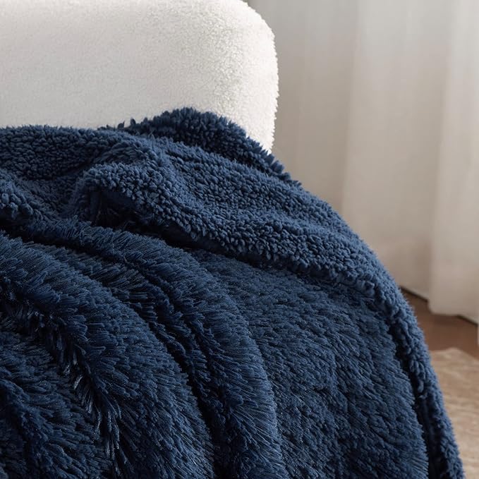 Bedsure GentleSoft Fuzzy Faux Fur Twin Blanket, Navy Blue Cozy Gifts for Men, Soft Sherpa Fleece Plush Warm Minky Thick Blanket Twin Size for Bed, Navy Dorm Decor Blue Gifts for Boys, 60x80