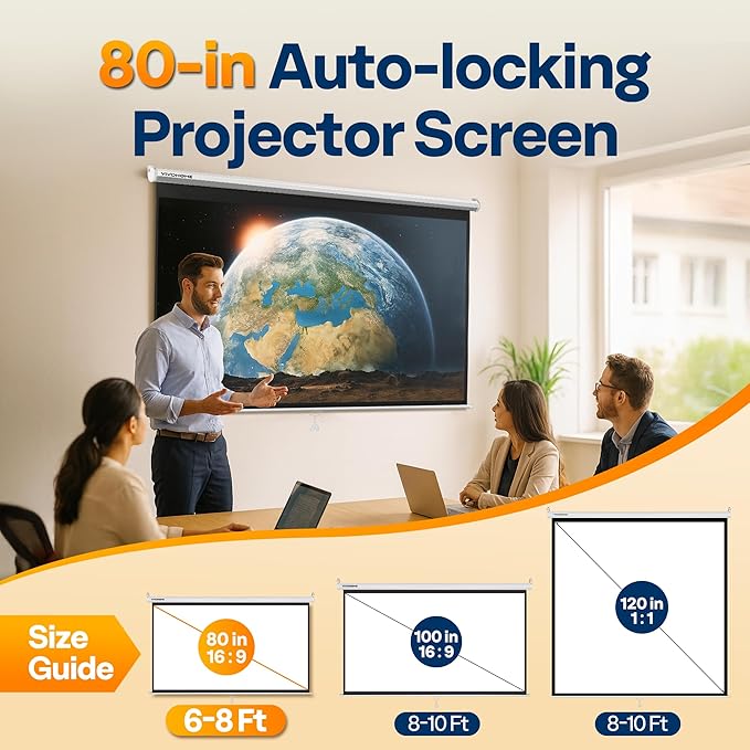 VIVOHOME 80 Inch 16:9 Pull Down Projector Screen, HD 4K Retractable Movie Screen for Indoor Home Theater and Office, Manual Projection Screen with Auto Locking (70Wx40H Inch Display Area)