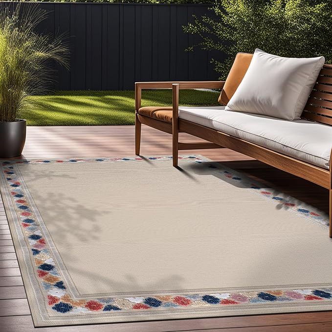 Beverly Rug Outdoor Rug 6x9 Modern Bordered Area Rugs for Indoor and Outdoor Patio Easy to Clean Non Shedding Living Room Porch Garden Washable Outside Carpet (6 x 9 Beige)