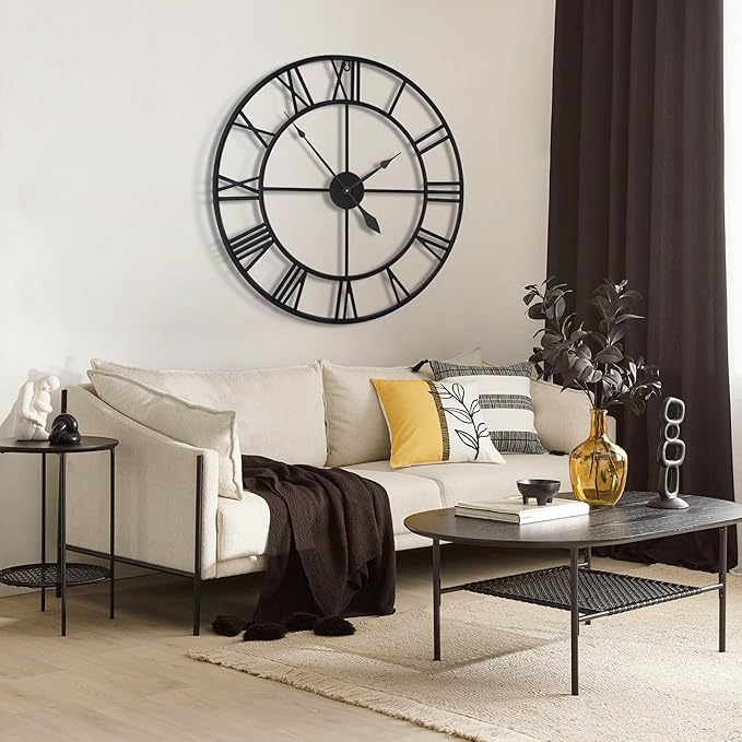 40 Inch Large Wall Clock, Oversized Modern Round, Black Metal, Noiseless, Almost Non-Ticking Battery Operated, Roman Numerals, Clocks for Living Room, Bedroom, Wall Clock Decoration