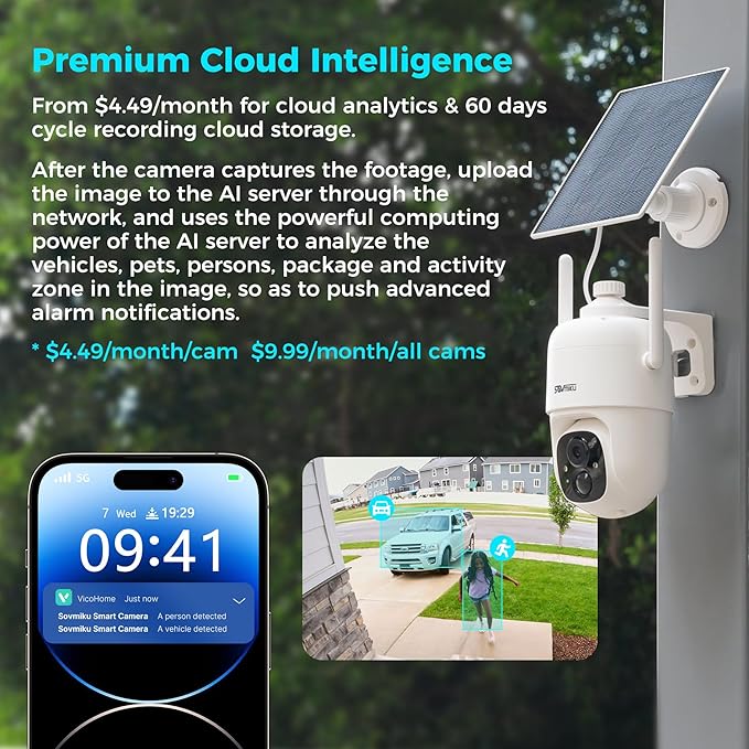 Sovmiku CQ1 AI 2K Solar Security Camera Wireless Outdoor, Battery Powered Cam, Two-Way Audio,PIR Motion Detection, Easy to Setup, Pan/Tilt 360° View,Color Night Vision,Audible Flashlight Siren,SD Slot