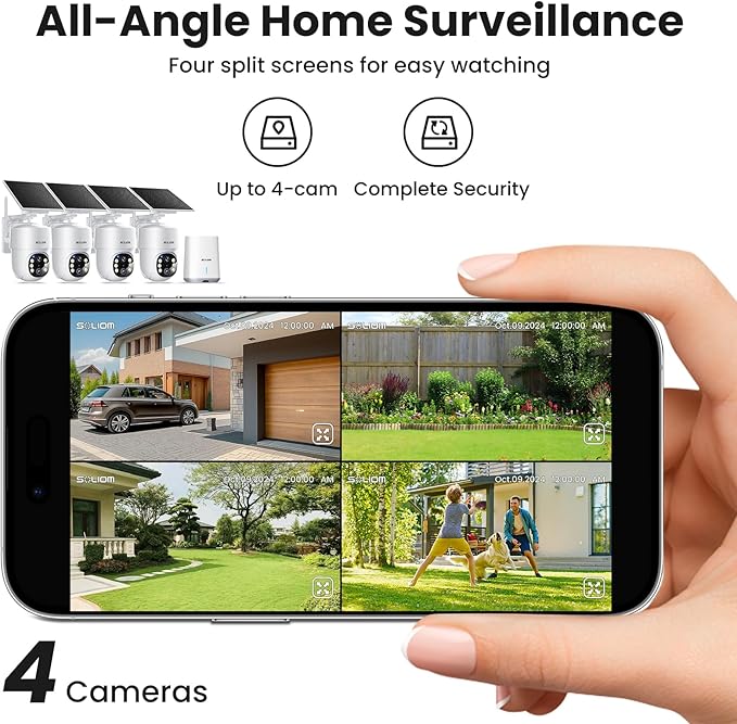 SOLIOM- 5MP Security Cameras Wireless Outdoor, No Subscription,4-Cam Pack, Solar Powered Home Security Camera with 360° Auto Tracking, Pan & Tilt, 3K Color Night Vision,5G & 2.4G Router Compatible