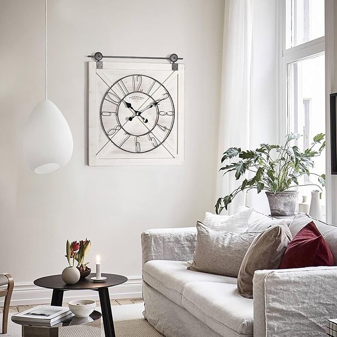 Oakrain Rustic Large Wall Clock, Classic Vintage Hanging Clock, Silent Non-Ticking Square Wall Clock for Living Room Bedroom Office, Numeral, Distressed White, 27''x29''