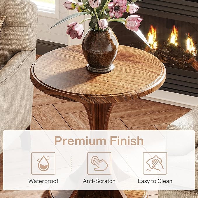 Tribesigns Round End Side Table: Wood Small Sofa Chair Side Table for Living Room, Mid-Century Bedside Nightstand for Bedroom, Accent Table, Easy Assembly, Vintage Brown