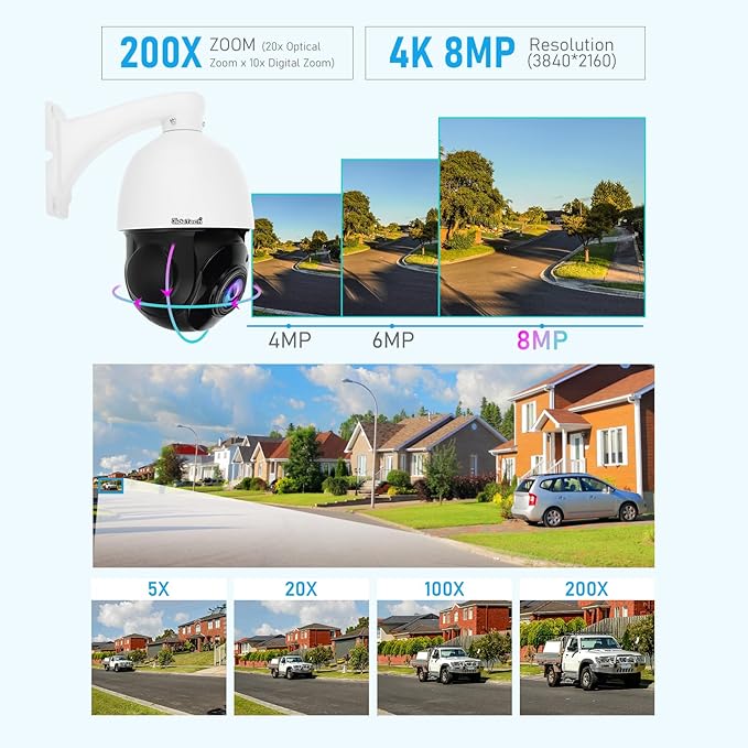 JideTech 200X Hybrid Zoom 4K 8MP Outdoor PTZ IP PoE Security Camera, Auto Tracking Dome Surveillance Camera, Human/Vehicle Detection, 492ft IR Night Vision, Two-Way Talk, IP66, for RTMP,Blue Iris