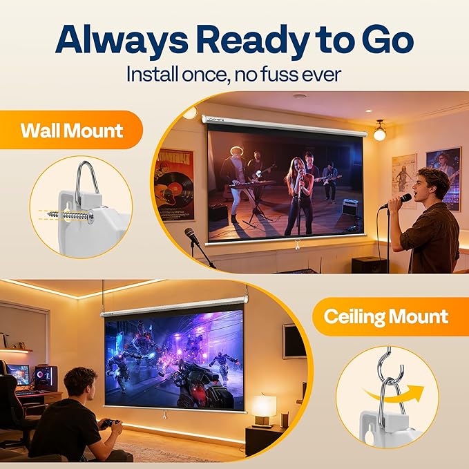 VIVOHOME 100 Inch 16:9 Pull Down Projector Screen, HD 4K Retractable Movie Screen for Indoor Home Theater and Office, Manual Projection Screen with Auto Locking (87W x 49H Inch Display Area)
