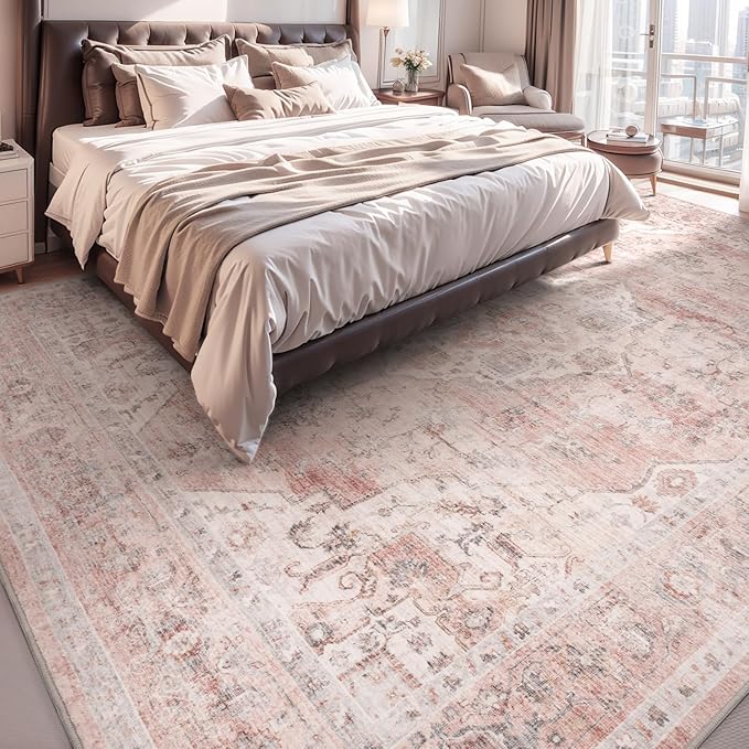 AMOAMI 6FT Round Vintage Soft Pink Rug - Non Slip Circle Machine Washable Rug for Living Room, Bedroom, Office Under Table