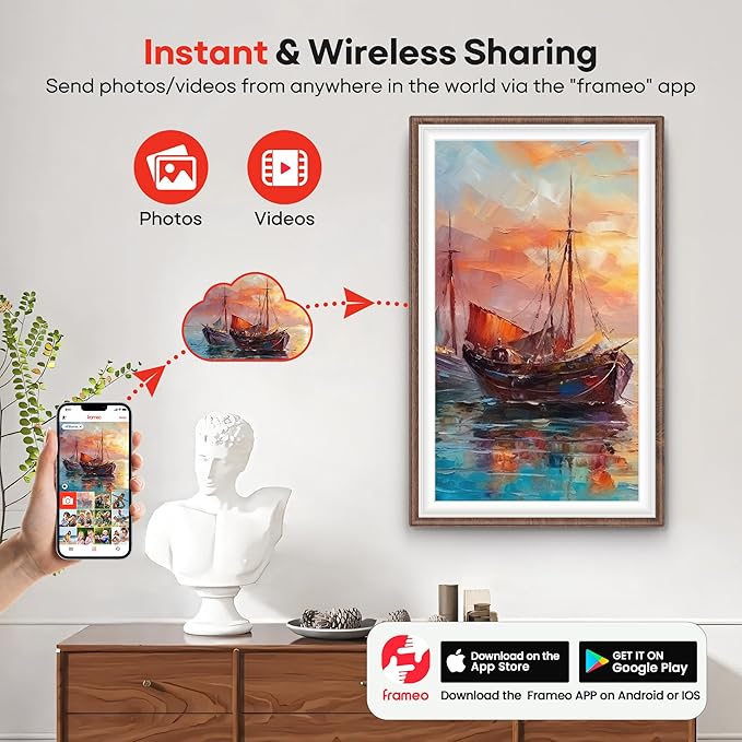 64GB Frameo 15.6" Digital Picture Frame Large 1920 x 1080 IPS FHD Touch Screen WiFi Electronic Photo Frames Share Moments Instantly Anywhere Best Gifts for Parents and Grandparents Brown Wood White