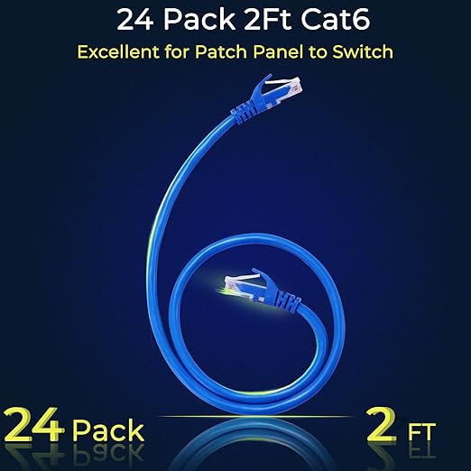 Rapink Patch Cables Cat6 2ft (24 Pack), Ethernet Patch Cable 10G, Cat 6 Patch Cable for Patch Panel to Switch, Flexiable Cat 6 Ethernet Cable with Gold Plated Blue
