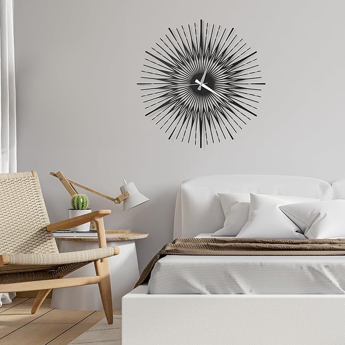 Sun Rays Wall Clock, Large Metal Decorative Wall Clock, Modern Minimalist Wall Decor (Black, Medium)