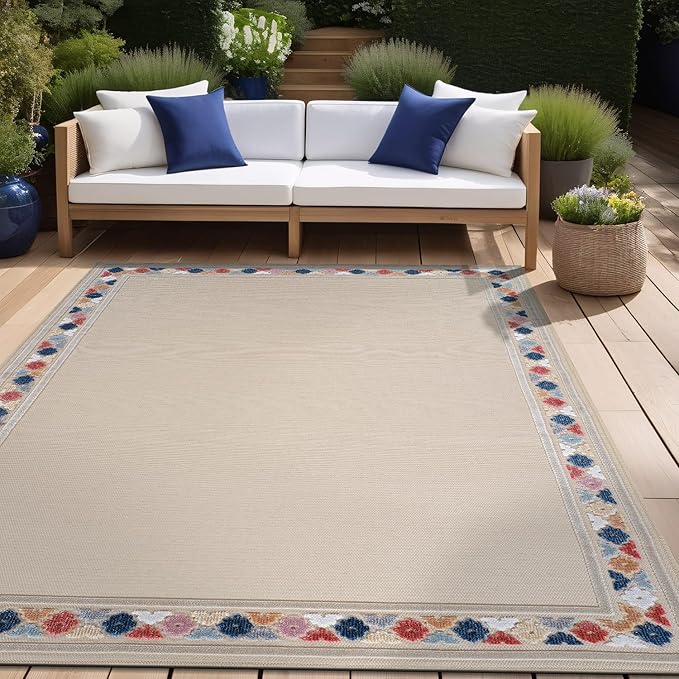 Beverly Rug Outdoor Rug 6x9 Modern Bordered Area Rugs for Indoor and Outdoor Patio Easy to Clean Non Shedding Living Room Porch Garden Washable Outside Carpet (6 x 9 Beige)
