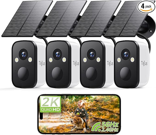 2K 5G Solar Security Cameras Wireless Outdoor, 4-Pack Solar-Powered Camera for Home Security with Full Color Night Vision,PIR Detection, IP66/Alexa/2 Way Talk, No Subscription, 5G/2.4GHz WiFi