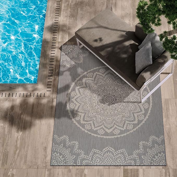 CAMILSON Outdoor Rug 9x12 Modern Area Rugs for Large Indoor and Outdoor Patios and Porches - Waterproof Washable Non-Shedding Easy-to-Clean Outside Carpet (9 x 12, Medallion - Grey/White)