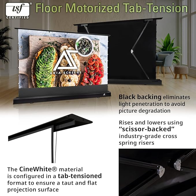 Akia Screens 102 inch Motorized Floor Rising Projector Screen, Pull Up Tab-Tension CineWhite 4K 8K HDR Home Theater Movie Screen for UST Short Throw, Remote Control, AK-FMT102UH2-X