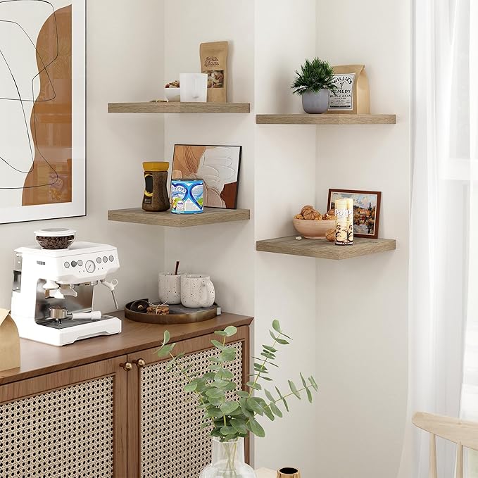 Fun Memories Square Floating Shelves for Wall - 12 Inch Deep Floating Shelves with Invisible Brackets, Grey Small Wall Shelf for Living Room, Bathroom, Bedroom, and Kitchen Decor，Set of 4