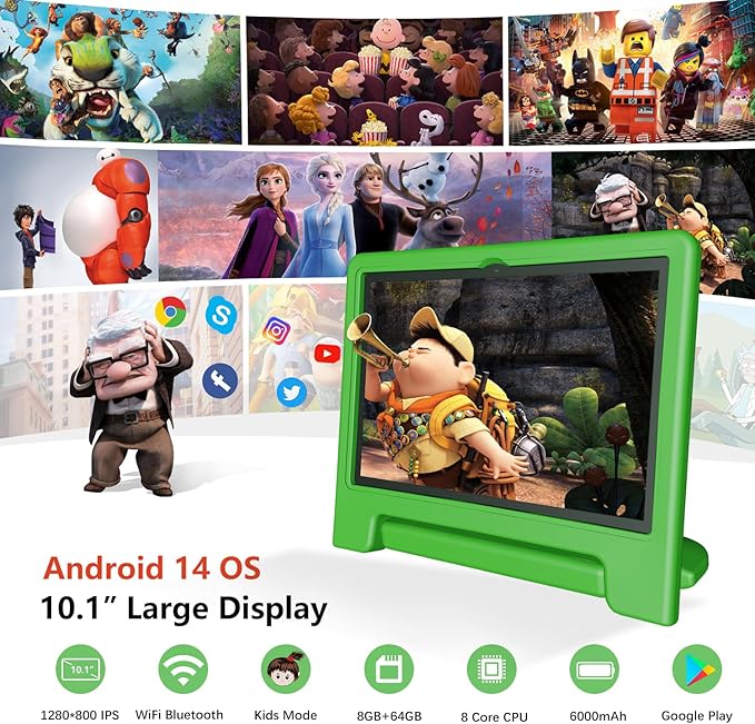 Kids Tablet, 10 inch Android 14 Tablet for Kids, 8GB RAM 64GB ROM Octa-Core Fast-Charging Battery Toddler Tablets with Shockproof Case, Bluetooth, WiFi, Parental Control, Dual Camera, GPS