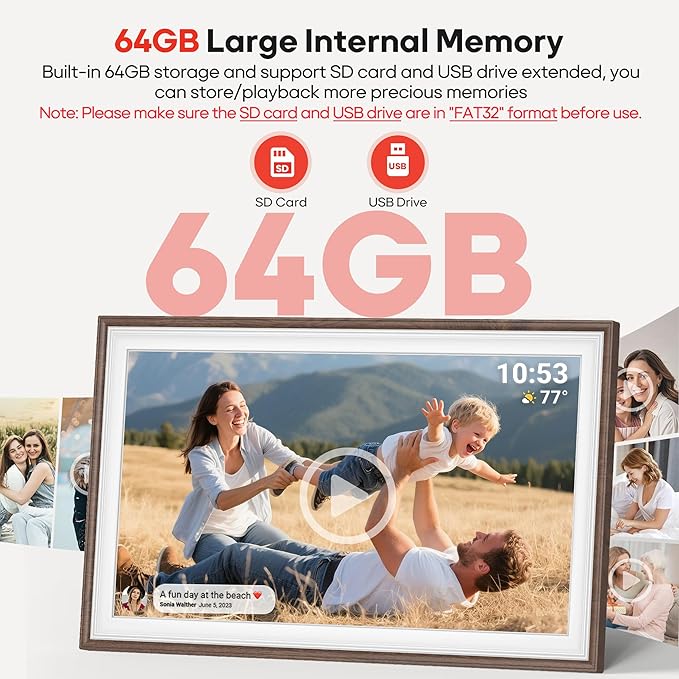64GB Frameo 15.6" Digital Picture Frame Large 1920 x 1080 IPS FHD Touch Screen WiFi Electronic Photo Frames Share Moments Instantly Anywhere Best Gifts for Parents and Grandparents Brown Wood White