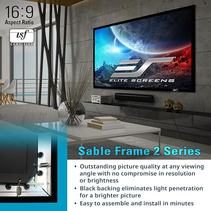 Elite Screens Sable Frame 2, 110-Inch Fixed Frame Projector Screen, 16:9 8K/4K Ultra HD & Active 3D Ready, ISF-Certified Material, Ideal for Home Theater, Office, and Indoor Presentations, ER110WH2