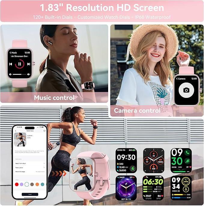 Smart Watch with Alexa Built-in, 1.83" HD Touchscreen Fitness Tracker, Bluetooth Notifications/Calls, IP68 Waterproof, 120+ Sport Modes, 24/7 Heart Rate & Sleep Monitor for iPhone Android iOS (Pink)