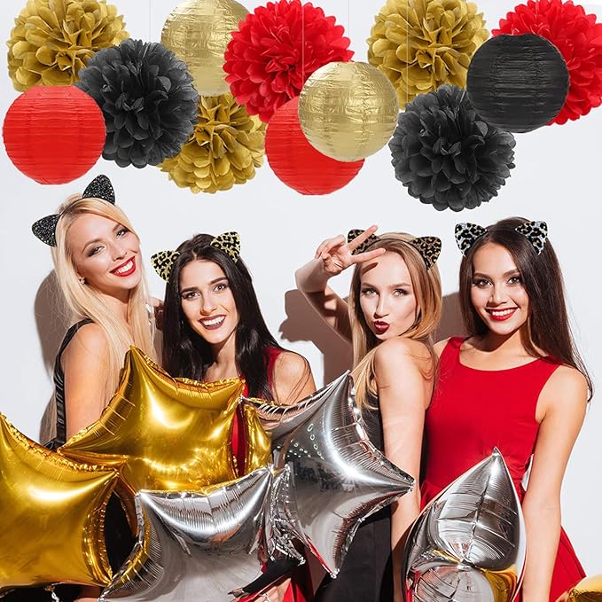 Red-Black Gold Party-Decorations Paper Flowers Lanterns - 15PCS Casino Theme Halloween Tissue Pom Poms Streamers,Game Night Women Men Birthday Wedding Bachelorette Hanging Supplies Decor Hugfond