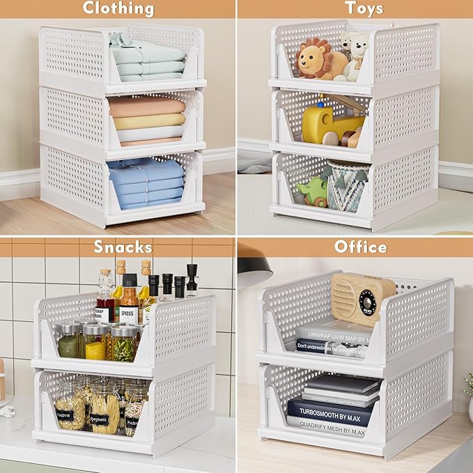 5 Pack Stackable Closet Storage Basket - Stackable Storage Bins, Multifunctional & Foldable Closet Organizer, Wardrobe Cupboard Space-Saving Hat Storage Drawer Organizer, White