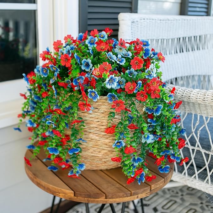 INSPRING Artificial Faux Hanging Flowers Plants for Spring Outdoor Outside Decoration, 2 PCS Fake Silk Daisy with Eucalyptus UV Resistant Realistic Trailing Vines for Balcony Patio Porch (BlueRed)