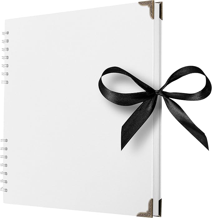 Bstorify 10 x 10 Inches Scrapbook Album 70 Pages White Thick Kraft Paper Corner Protectors, Ribbon Closure - Ideal for Your Scrapbooking, Art & Craft Projects (White, 10 x 10 Inch)