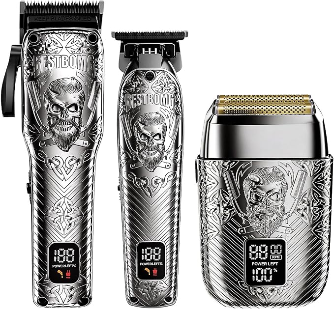 BESTBOMG Professional Cordless Mens Hair Clippers & Beard Trimmer and Electric Shavers Kits & Sets,Metal Hair Clippers Cutting Grooming Kit with Long Battery Life for Family Barber Use (Gray)