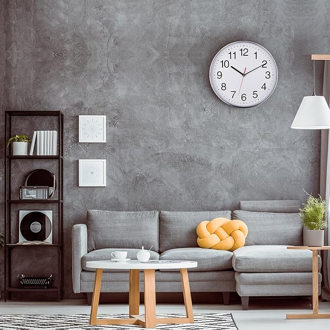Plumeet Extra Large Wall Clock - 16" Non Ticking Silent Quartz Black Wall Clocks - Simple Design Wall Clocks for Living Room Decor, Battery Operated, Chrome