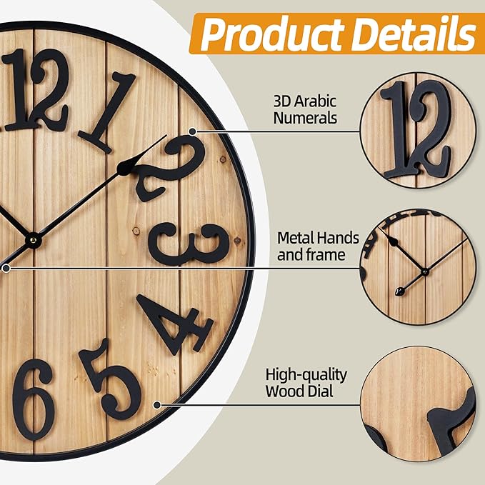 Large Wall Clock 24IN, Silent Metal Wood Style Wall Clocks Battery Operated for Living Room Decor, Farmhouse Big Wall Clock, Outdoor
