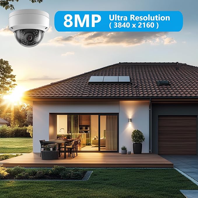 Real HD 8MP 4K PoE IP Security Camera Outdoor 98Ft IR Night Vision, 2.8mm Wide Angle 105° FOV, H.265, Waterproof IP66, Metal Housing Vandal Proof Dome IP Camera, NDAA Compliant