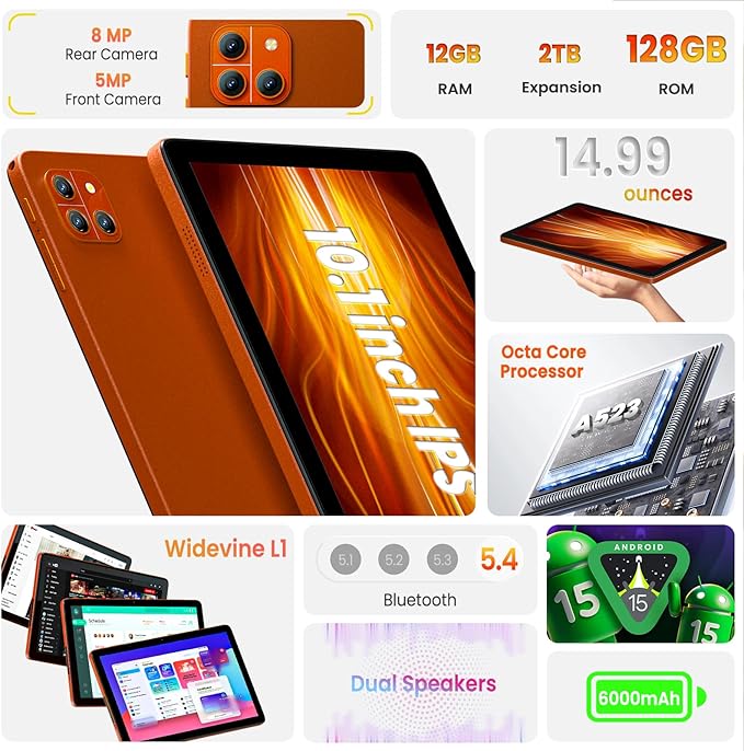 10 inch Tablet, Android 15 Tablet, 12GB RAM 128GB Storage, Expandable up to 2TB, with Foldable Stand Case, Octa-Core Processor, IPS HD Display, Wi-Fi 6 & Bluetooth 5.4, Widevine L1, 6000mAh Battery