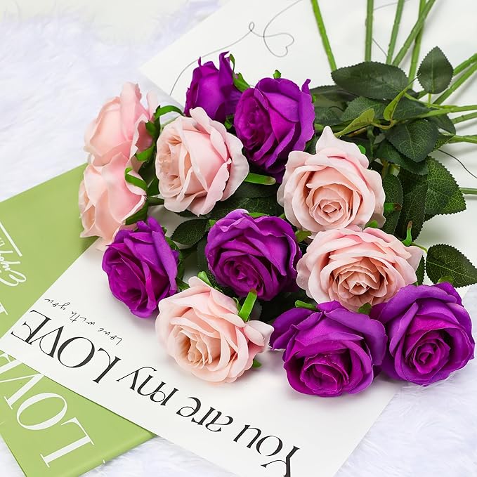Purple Fake Roses Artificial Flowers - 10 Pcs Fake Artificial Roses Silk Flowers with Stems for Home Wedding Hotel Office Centerpiece Decor