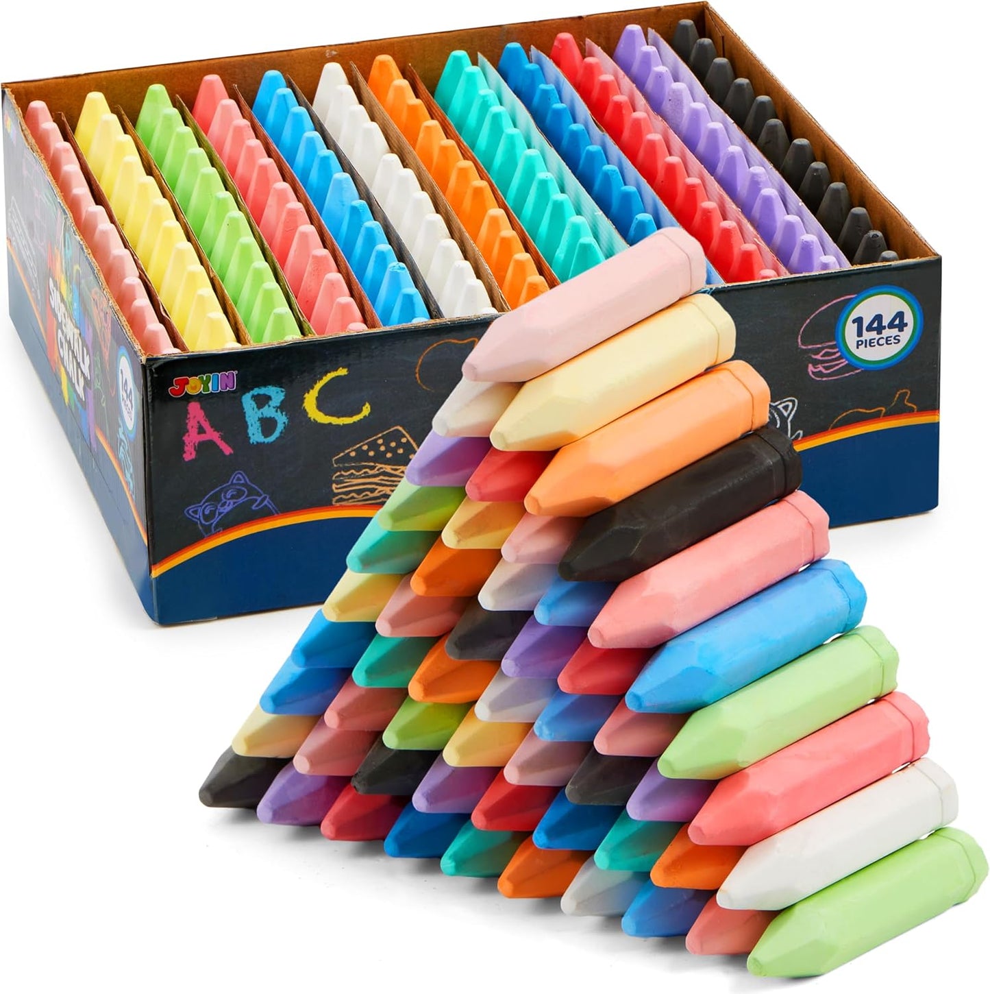 JOYIN 144 PCS Cone Shaped Washable Sidewalk Chalks, 12 Colors, Non-Toxic Jumbo Colored Chalk for Toddlers 1-3, Painting for Outdoor Art, School Supplies, Classroom Must Haves