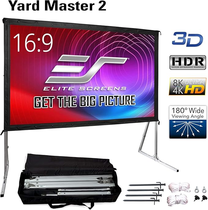 Elite Screens Yard Master 2, 110 inch Outdoor Projector Screen with Stand 16:9, 8K 4K Ultra HD 3D Fast Folding Portable Movie Theater Cinema 110" Indoor Foldable Easy Snap Projection Screen, OMS110H2