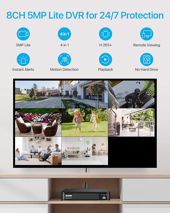 ZOSI 1080P HD Home Surveillance Camera System with AI Human Vehicle Detection, 5MP 8 Channel CCTV DVR Recorder (No HDD), 8 x 2.0MP 1920TVL Outdoor/Indoor Surveillance Bullet Cameras, Remote Access