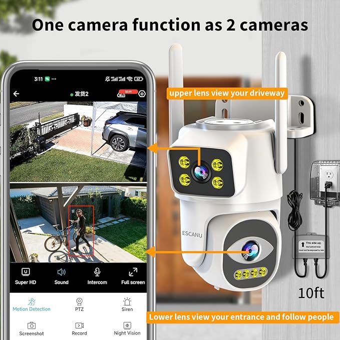Dual Lens Cameras for Home Security,2.4G/5G PTZ Outdoor Plug-in Camera,Motion Tracking,Night Vision,24/7 Continous Recording,Work With NVR/DVR Surveillance System,Weather Proof,SD/Cloud Storage
