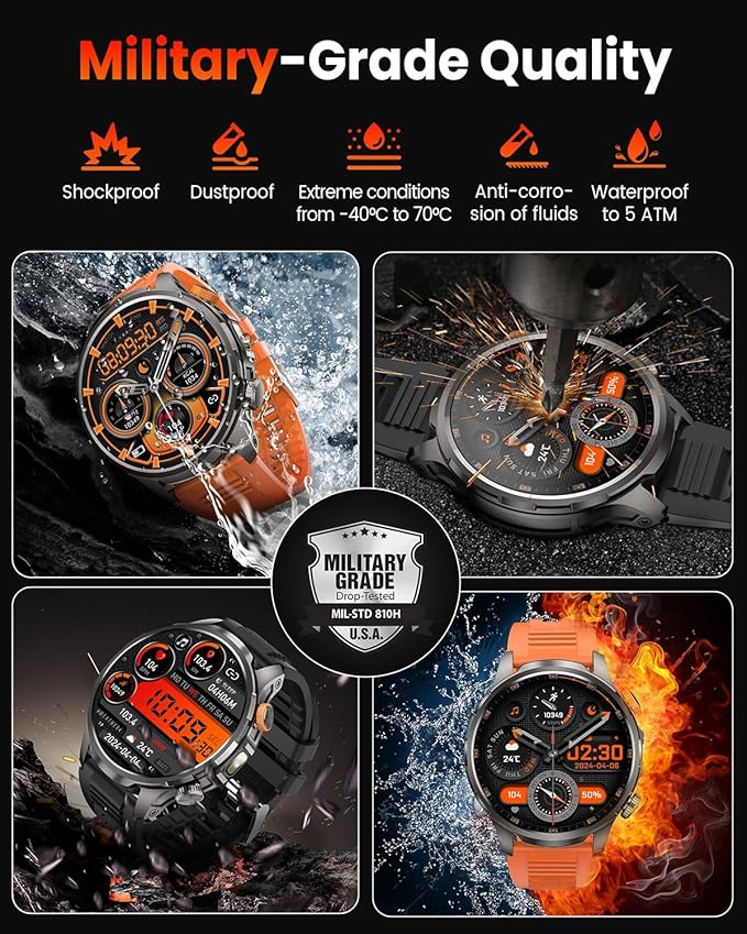 Military Smart Watches for Men, Smart Watch with 100 Days Battery/Flashlight/Heart Rate/Sleep/SpO2 Monitor/Calling/110+ Sports Mode, 5 ATM Rugged Men's Fitness Tracker Watch for Android iPhone(Black)