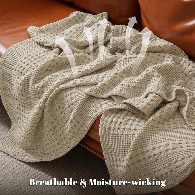 PHF 100% Cotton Waffle Weave Blanket Queen Size, Soft Lightweight Breathable Cozy Summer Blankets for Bed, Luxury Aesthetic Woven Bedding for Home Decor, 90"x90", Khaki