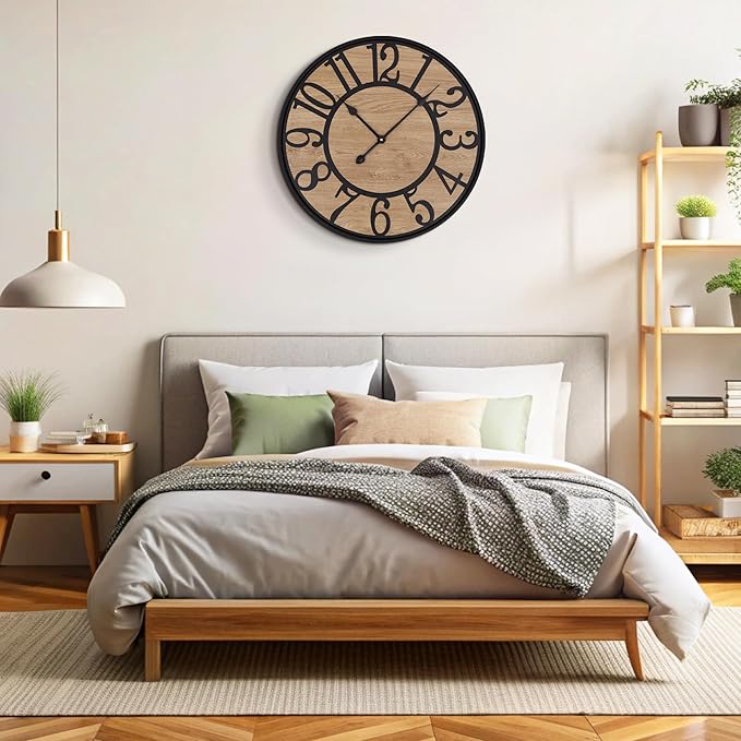 Maxstar Large Wall Clock for Living Room,Metal & Wood Silent Rustic Farmhouse with Arabic Numeral, Battery Operated Wall Clocks Decorative for Bedroom Office Home Decor 32inch Black