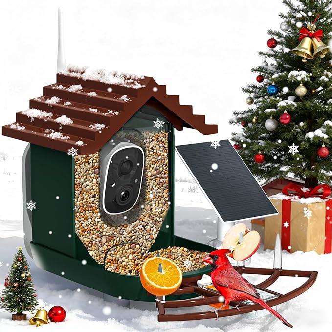 Smart Bird Feeder with Camera Solar Powered & AI Bi rd Identification, 2.4Ghz WiFi Bird feeders for Outdoors, 2K Live Video, Nstant Arrival Alerts - Dark red-Green