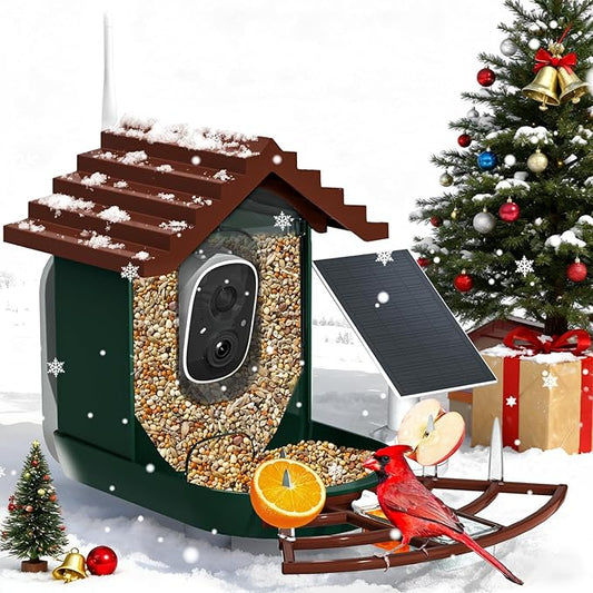Smart Bird Feeder with Camera Solar Powered & AI Bi rd Identification, 2.4Ghz WiFi Bird feeders for Outdoors, 2K Live Video, Nstant Arrival Alerts - Dark red-Green
