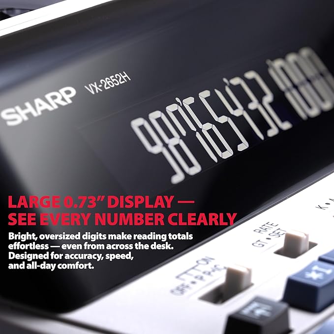 Sharp 12-Digit Print Calculator Desktop Size Adding Machine, Perfect for Everyday Use and Office, Bright, Large Easy-to-Read Numbers on Both The Display and The Two-ColorPrinted Tape (VX-2652H)