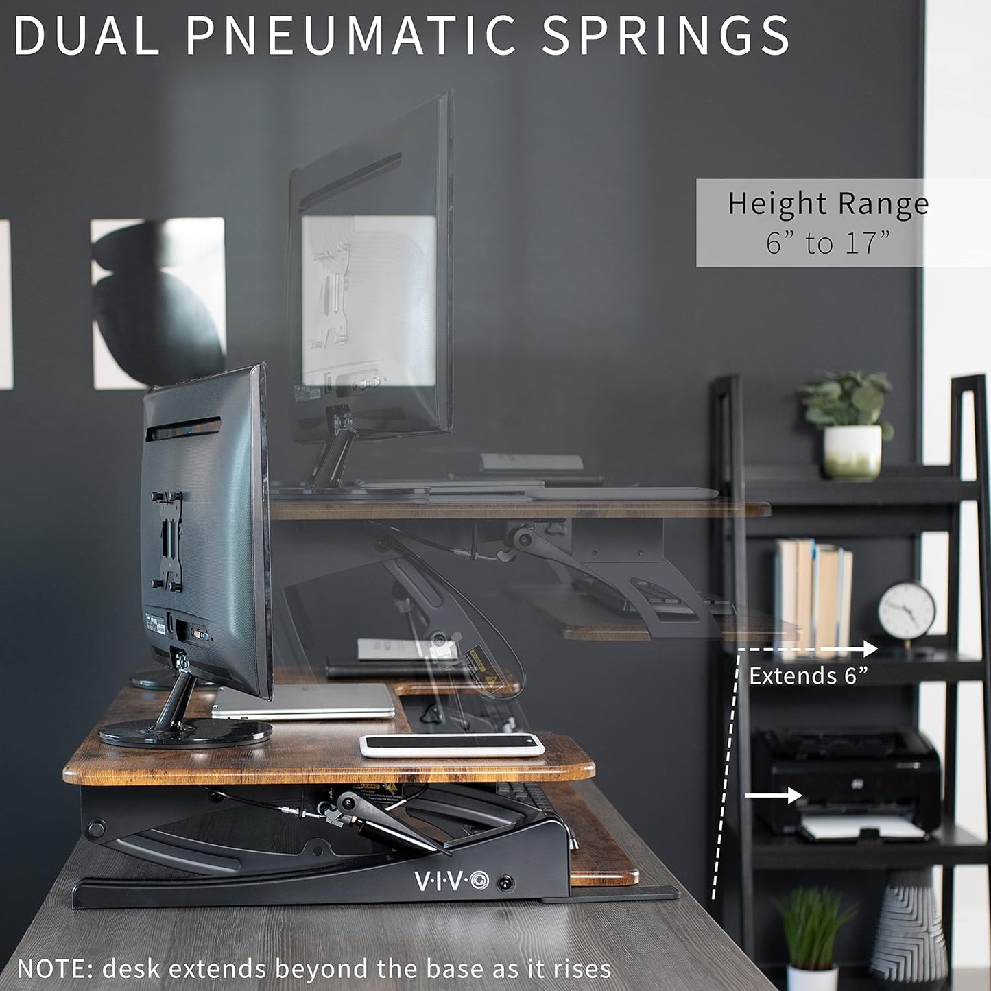 VIVO 42 inch Height Adjustable Stand Up Desk Converter, V Series, Quick Sit to Stand Tabletop Dual Monitor Riser Workstation, Rustic Vintage Brown Top, Black Frame, DESK-V000VLN