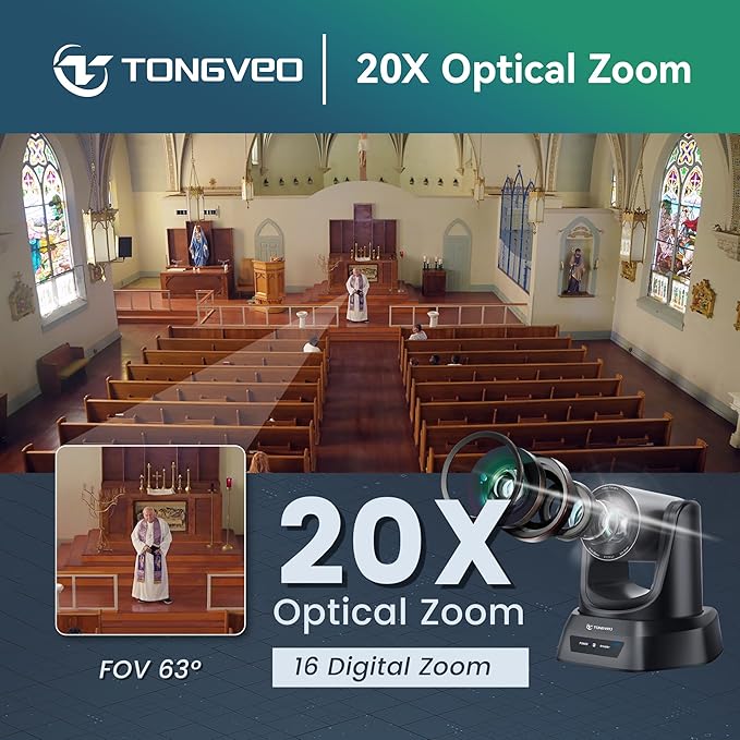 TONGVEO 4K AI PTZ Camera with Auto Tracking and 20X Optical Zoom, Conference Room Webcam with HDMI/USB3.0/LAN/PoE, Ideal for Church Worship, Zoom Meetings, Live Streaming and Education