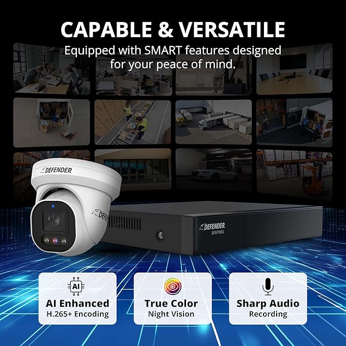 Defender AI Powered Sentinel Pro Turret 8CH NVR PoE Security Camera System, 4pc Metal Turret Cameras, 109° Wide Angle, IP66 Rated, Audio Recording, Web Viewing, 1TB HDD, Works w/Empower App
