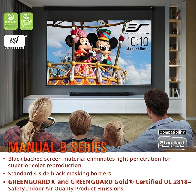 Elite Screens Manual B, 135-INCH Manual Pull Down Projector Screen 16:9 Diag 4K 8K 3D Ultra HDR HD Ready Home Theater Movie Office Presentation Projection Screen, M135H