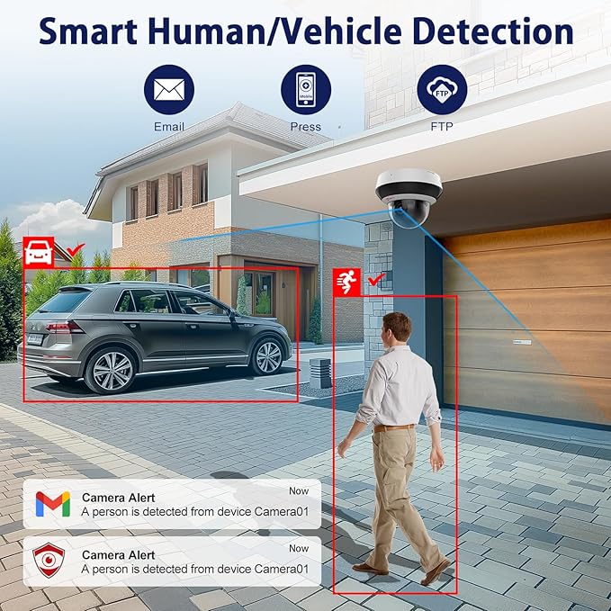 Anpviz 4MP PoE PTZ IP Camera with 4X Optical Zoom, Perimeter Protection, Human Vehicle Detection, 2560x1440@30fps, H.265+ Dome Security Camera, Built-in Audio, 330° Pan 90° Tilt, Card Slot, 120dB WDR