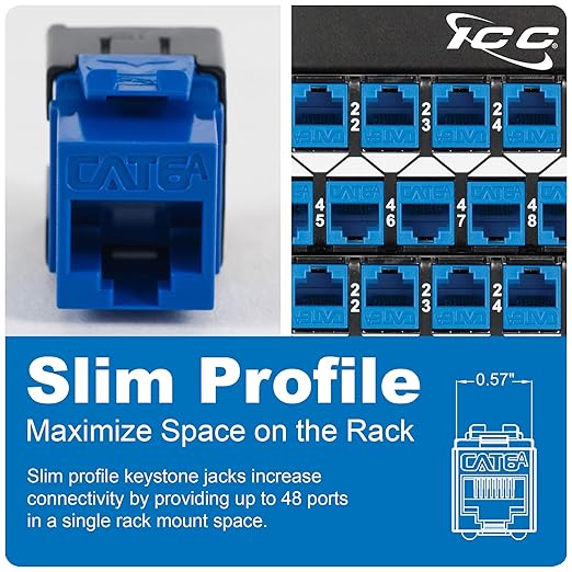 ICC CAT6A Keystone Jack with Slim Profile 180 Degree Punch Down, 10Gbps RJ45 UL Listed PoE++ TAA Compliant for Wall Plate or Patch Panel, Works with JackEasy Termination Tool, Ivory